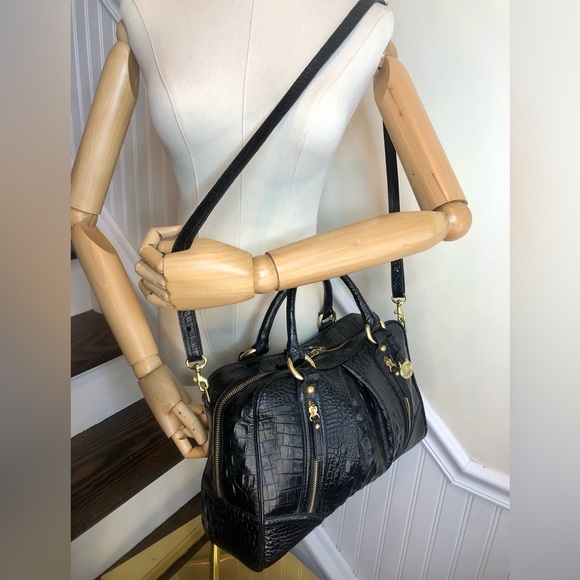 BRAHMIN Black Croc Leather Shoulder Bag With Adjustable Crossbody Strap - Picture 12 of 17